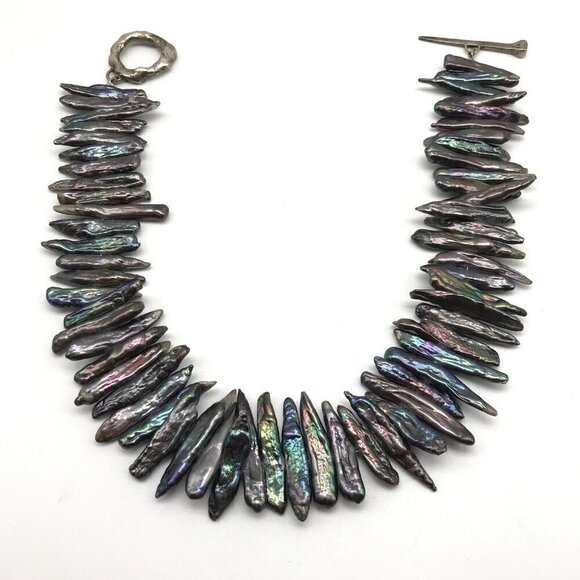 Vintage 925 Sterling Silver Chunky Abalone Unique Abstract Toggle Necklace - Picture 7 of 11